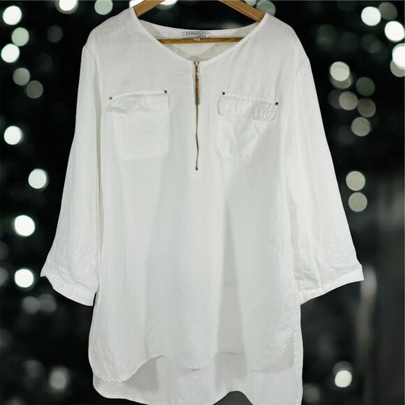 Company Ellen Tracy 100% Linen Womens XL White Tunic Top Gold Zipper Detail - Picture 1 of 14